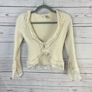 Anthropologie Moth Women's Cream Beaded Lace Trim Button Up Cardigan Size Medium